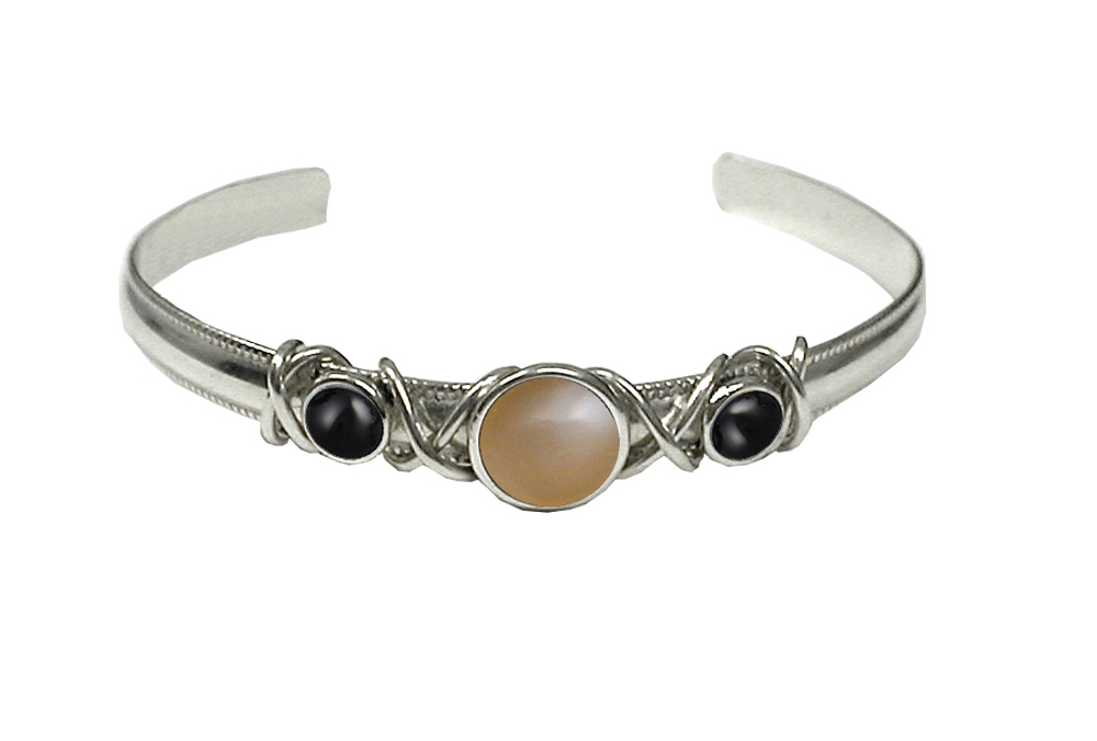 Sterling Silver Hand Made Cuff Bracelet With Peach Moonstone And Black Onyx